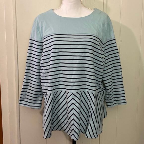 Talbots Woman 2X XXL Light Blue Black Striped blouse 3/4 sleeve Zip Back Peplan - Picture 1 of 10